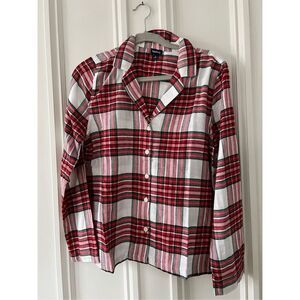 Gap red white black and green plaid button down flannel pajama shirt S